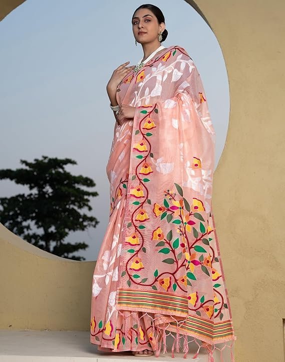 SIRIL Women's Cotton Jacquard Saree With Unstitched Blouse Piece Light Peach