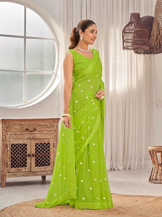 Manohari Most Trendy Embroidery Saree With Unstich Blouse Piece Green