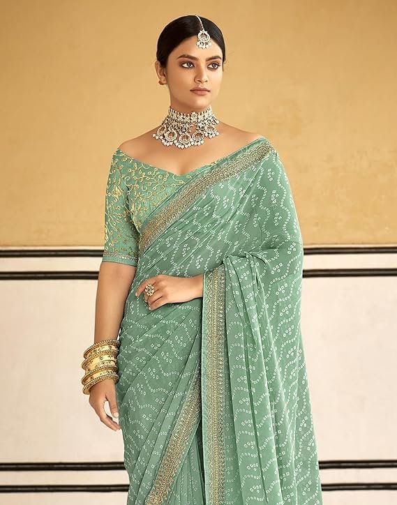SIRIL Women's Bandhani Printed Embroidery Lace Georgette Saree with Unstitched Blouse Piece Mint Green