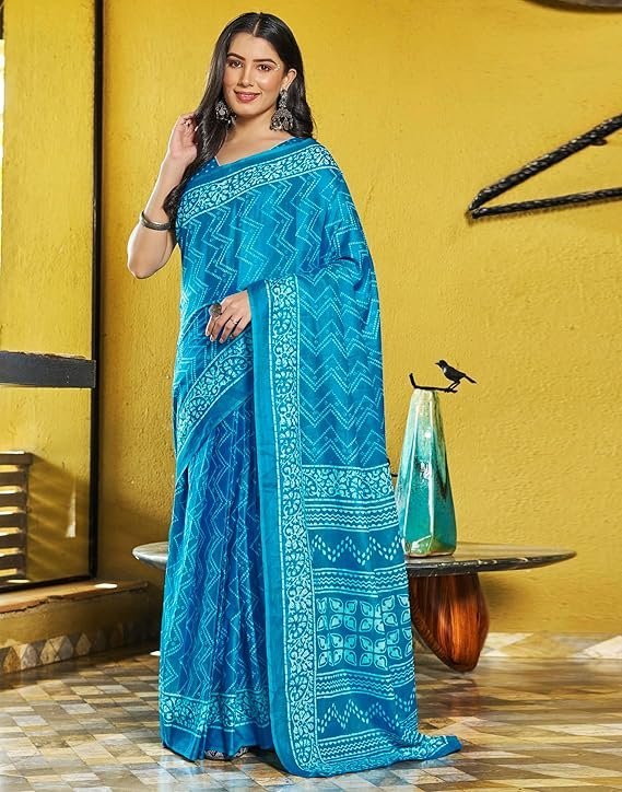 SIRIL Women's Cotton Printed Ready To Wear One Minute Saree With Unstitched Blouse Light Blue