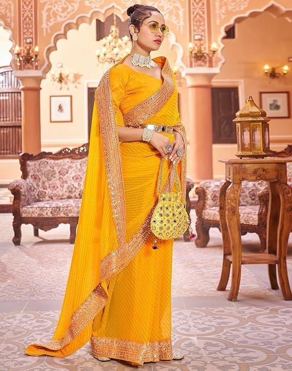SIRIL Women's Bandhani Printed Embroidery Lace Georgette Saree with Unstitched Blouse Piece Light Yellow - Image 2