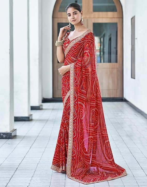 SIRIL Women's Bandhani Printed Embroidery Lace Georgette Saree with Unstitched Blouse Piece Red