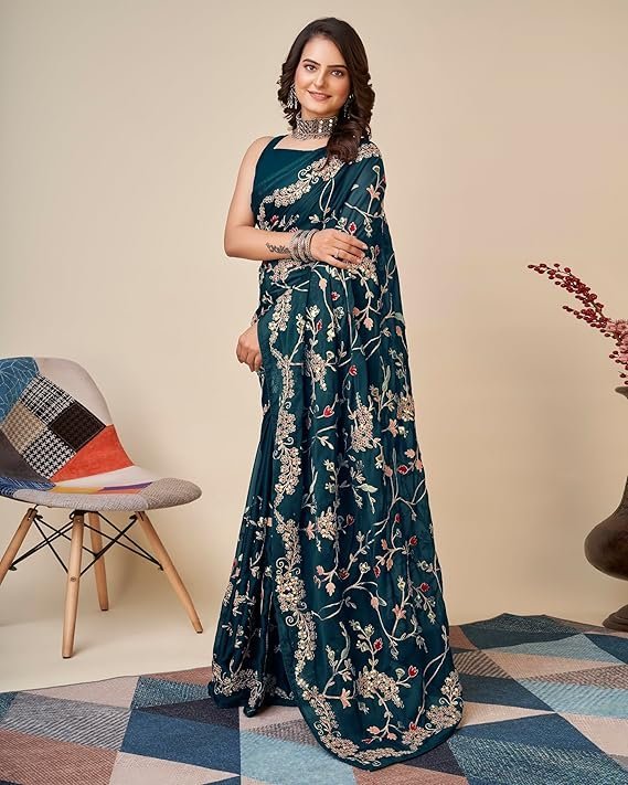 VAIRAGEE Women Beautiful soft Silk Embroidery Work Saree with blouse piece(6093) - Image 3