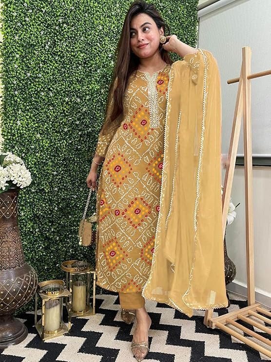 GoSriKi Women's Rayon Viscose Straight Bandhej Printed Kurta with Pant & Dupatta Cream - Image 2