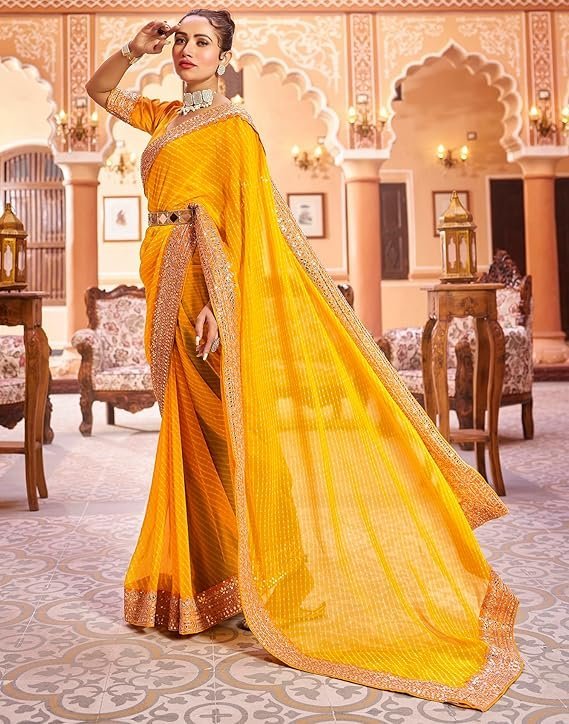 SIRIL Women's Bandhani Printed Embroidery Lace Georgette Saree with Unstitched Blouse Piece Light Yellow