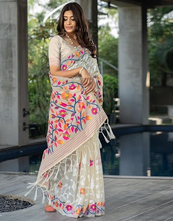 SIRIL Women's Cotton Jacquard Saree With Unstitched Blouse Piece Cream - Image 2