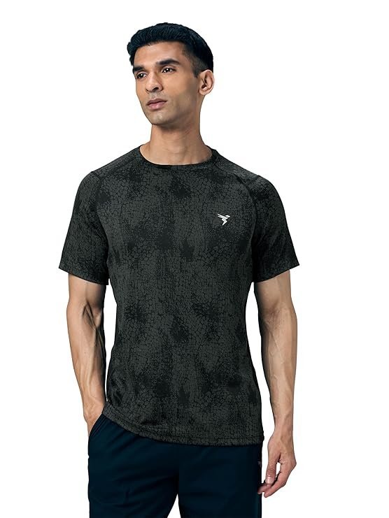 TECHNOSPORT Men's Slim Fit Crew Neck Printed Half Sleeve Technocool+ T-Shirt for Gym, Sports & Regular Use