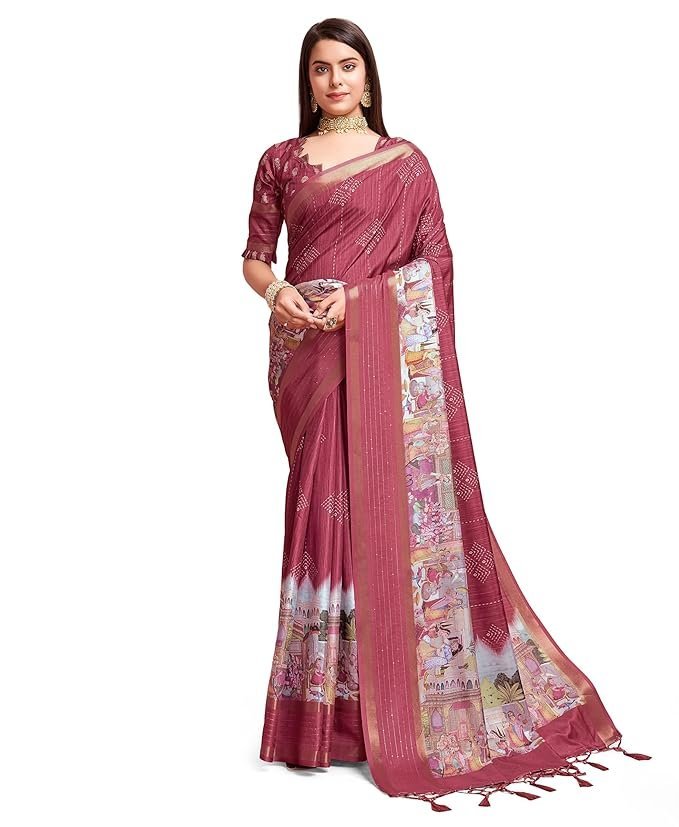 Rekha Maniyar Women's Pure Silk Kalamkari Printed Saree With Unstitched Blouse Gajari