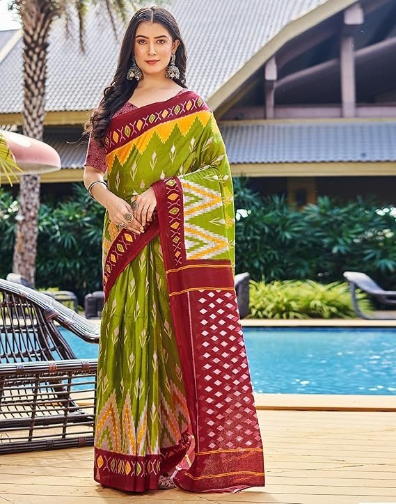 SIRIL Women's Cotton Printed Ready To Wear One Minute Saree With Unstitched Blouse Red & Green