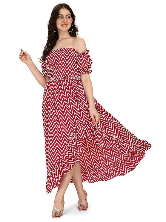 OOMPH! Flared Dress for Women Stylish | Long One Piece for Women | Off Shoulder Puff Sleeve Long Dress | Floral Print Maxi One Piece | Western & Fusion wear Bohemian Style Maroon - Image 2
