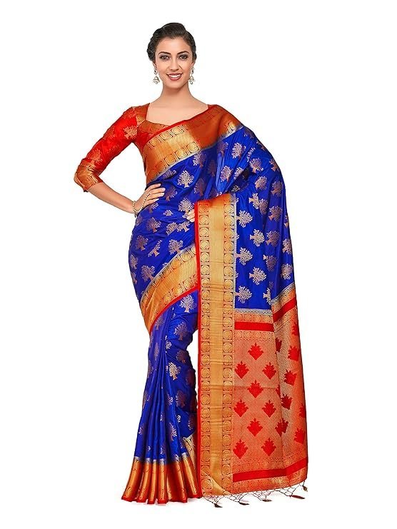 MIMOSA Women's Art Silk Kanjivarm Pattu Saree With Contrast Blouse (Blue_4309-312-RD-RBLU-RD)
