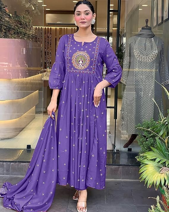 KLOSIA Women Rayon Printed Anarkali Kurta Set with Dupatta Purple
