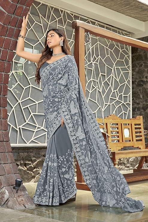 Manohari Most Trendy Embroidery Saree With Unstich Blouse Piece Grey - Image 2