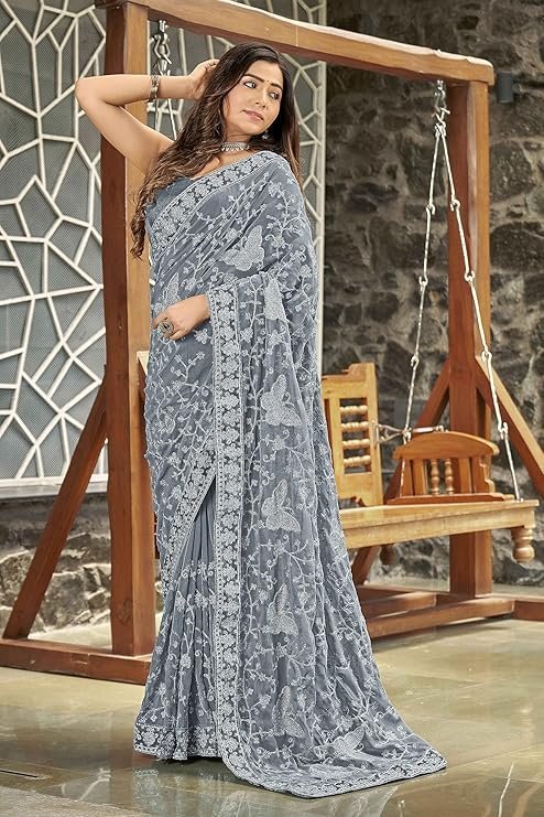 Manohari Most Trendy Embroidery Saree With Unstich Blouse Piece Grey