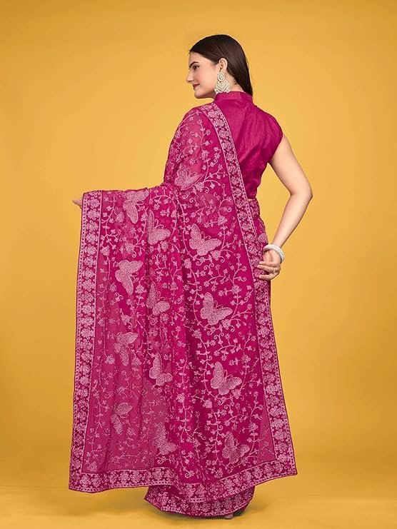 Manohari Most Trendy Embroidery Saree With Unstich Blouse Piece Pink - Image 3