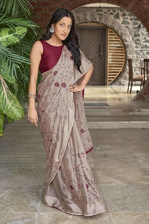Manohari Most Trendy Embroidery Saree With Unstich Blouse Piece Beige - Image 2