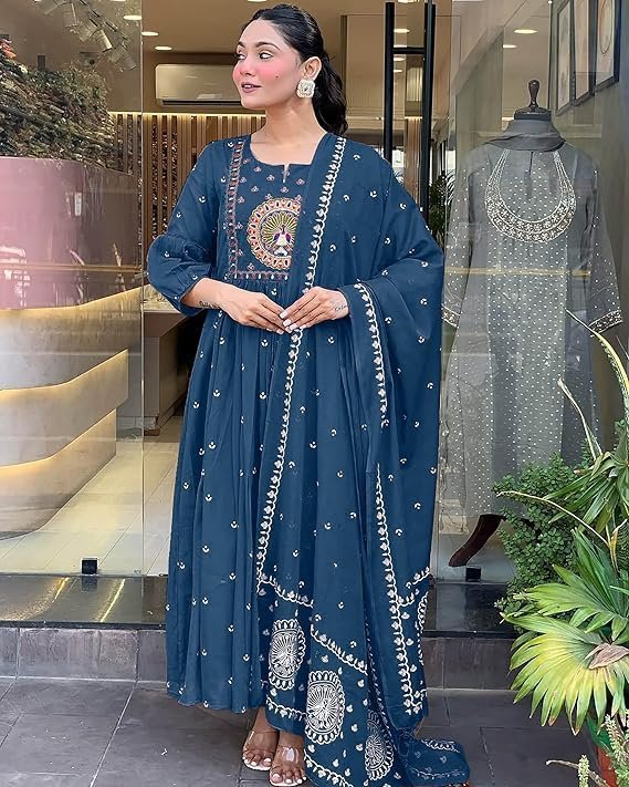 KLOSIA Women Rayon Printed Anarkali Kurta Set with Dupatta Morepeach