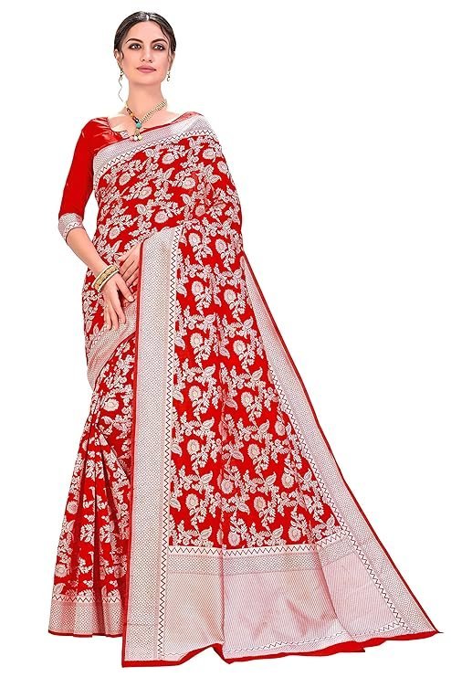Glory Sarees Women's Banarasi Artificial Silk Saree With Blouse Piece Red