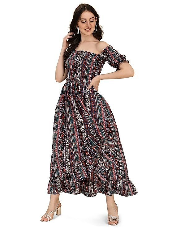OOMPH! Flared Dress for Women Stylish | Long One Piece for Women | Off Shoulder Puff Sleeve Long Dress | Floral Print Maxi One Piece | Western & Fusion wear Bohemian Style multicolor