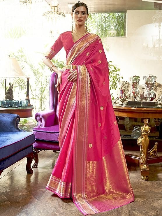AKHILAM Women's Silk Blend Bandhani Print Kanjivaram Saree Saree With Unstitched Blouse Piece Pink
