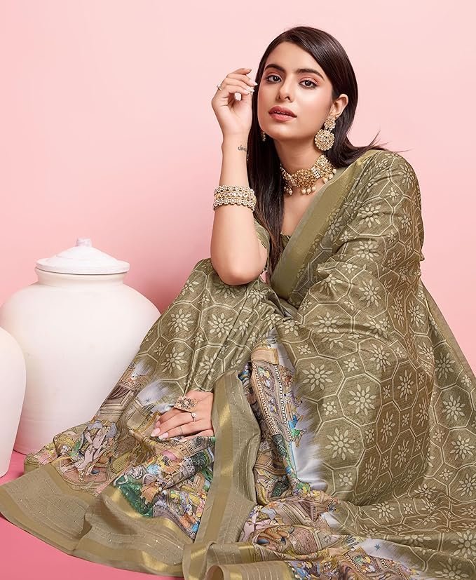 Rekha Maniyar Women's Pure Silk Kalamkari Printed Saree With Unstitched Blouse Mehndi - Image 3