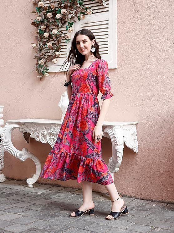 SMOWKLY Women's Georgette Floral Printed Indo-Western Ethnic Gown || Half Sleeve V Neck Fit & Flare Flared Hem Design || A-Line Maxi Dress Casual Wear Pink