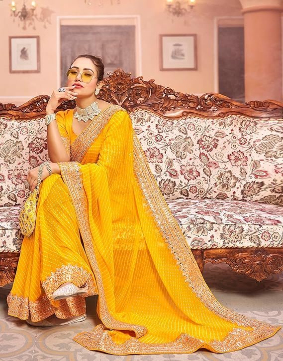 SIRIL Women's Bandhani Printed Embroidery Lace Georgette Saree with Unstitched Blouse Piece Light Yellow - Image 3