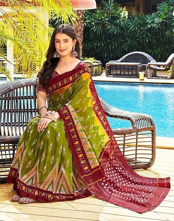 SIRIL Women's Cotton Printed Ready To Wear One Minute Saree With Unstitched Blouse Red & Green - Image 3