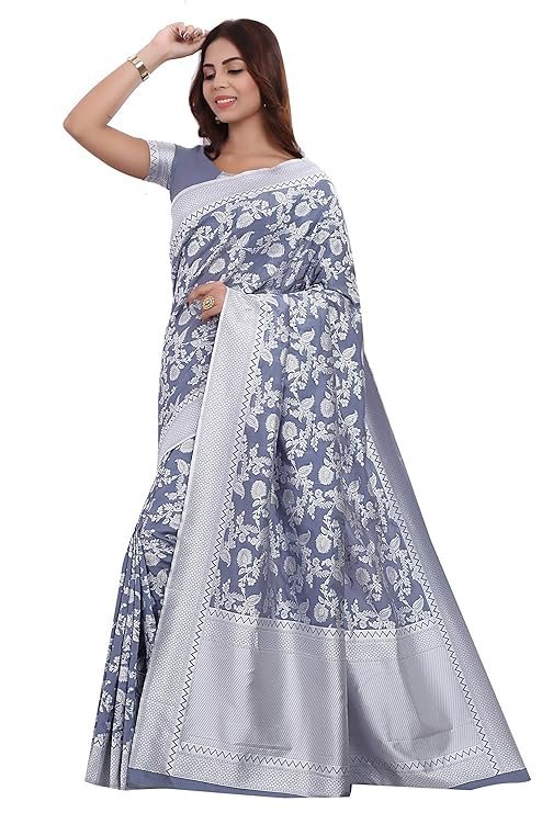Glory Sarees Women's Banarasi Artificial Silk Saree With Blouse Piece Grey - Image 2
