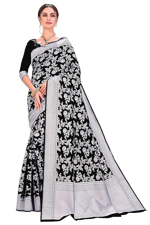 Glory Sarees Women's Banarasi Artificial Silk Saree With Blouse Piece Black