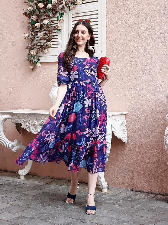 SMOWKLY Women's Georgette Floral Printed Indo-Western Ethnic Gown || Half Sleeve V Neck Fit & Flare Flared Hem Design || A-Line Maxi Dress Casual Wear Blue